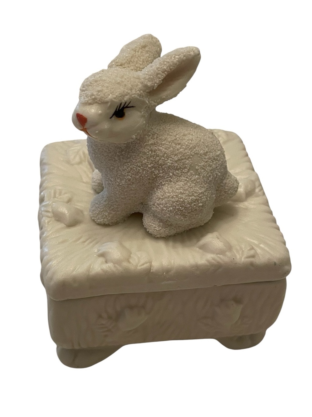 Vintage snow bunny trinket jewelry box textured rabbit porcelain figurine